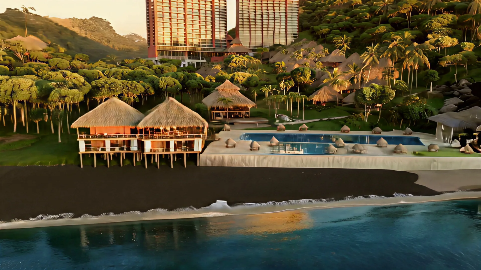 El beach club doble sobre pilotes junto a la piscina principal, con las torres al fondo