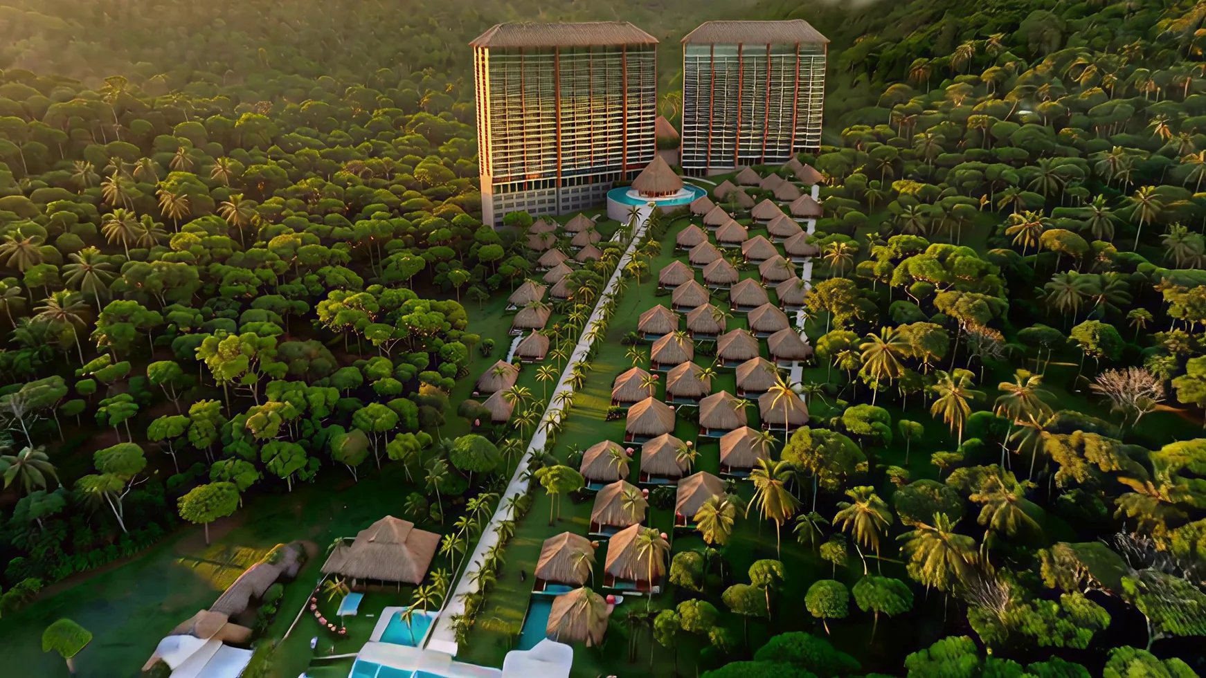 El resort desde el aire: las dos torres con sus palapas, el restaurante en la isla y el paseo del eje que baja entre las villas