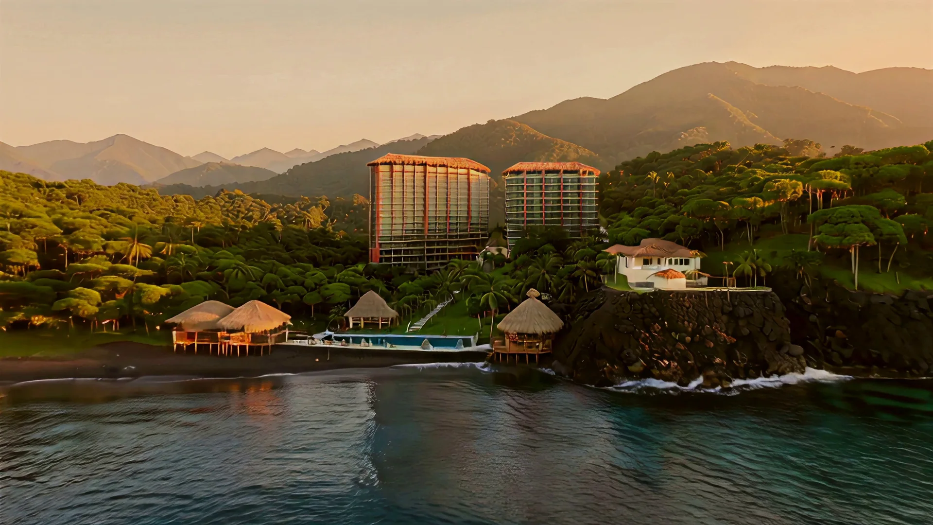 El frente de playa desde el mar al atardecer: el beach club, la piscina y el bar redondo, con las dos torres al fondo