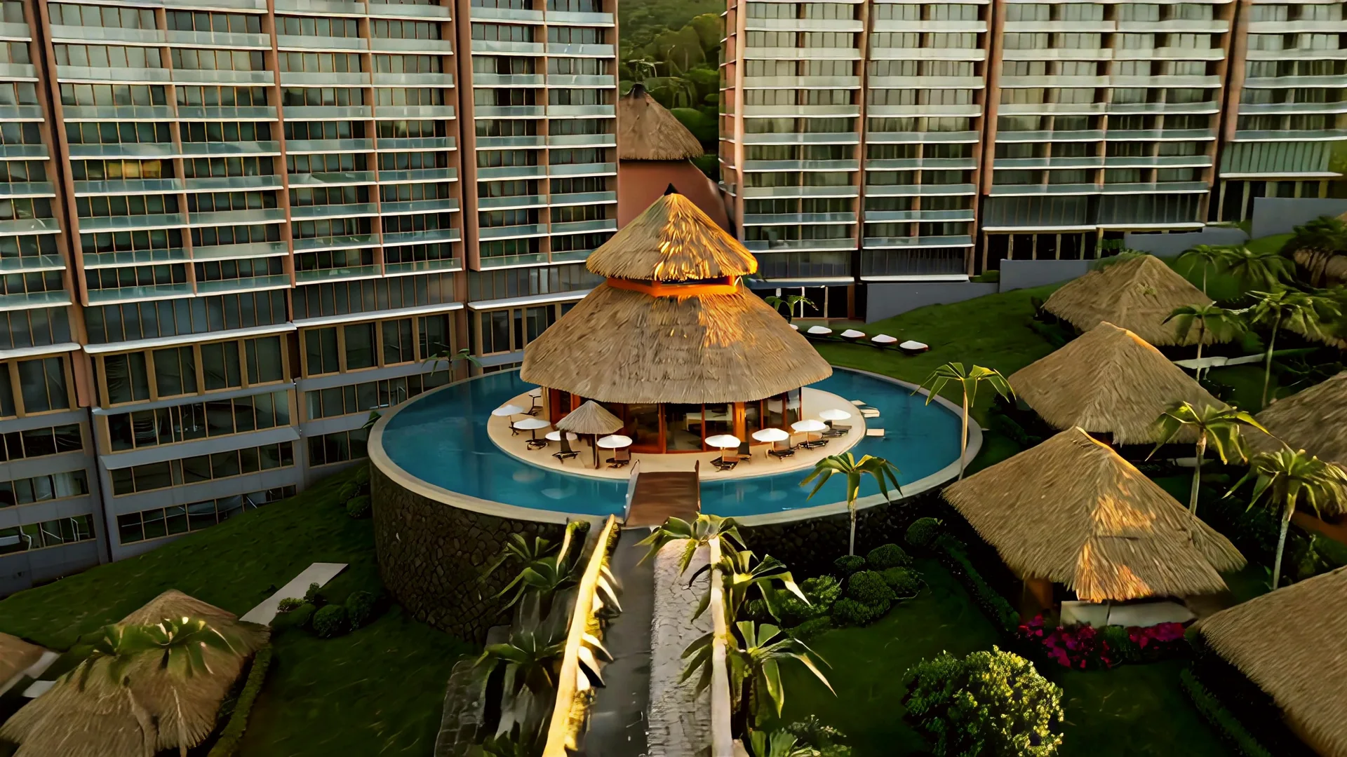 El restaurante octogonal en su isla, dentro de la piscina circular, a los pies de las dos torres