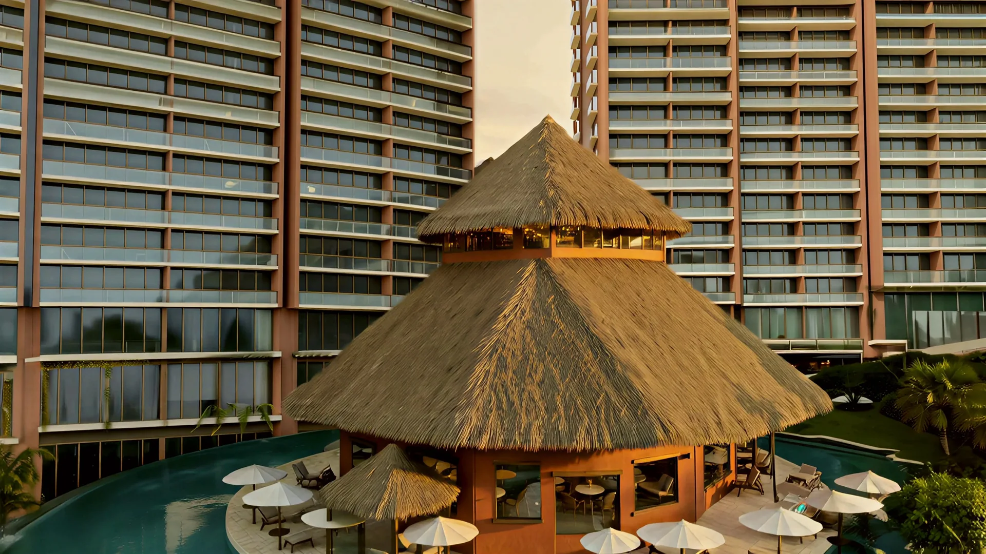 El restaurante de la isla de cerca: palapa a dos alturas, muros rojos con ventanales y terraza junto al agua