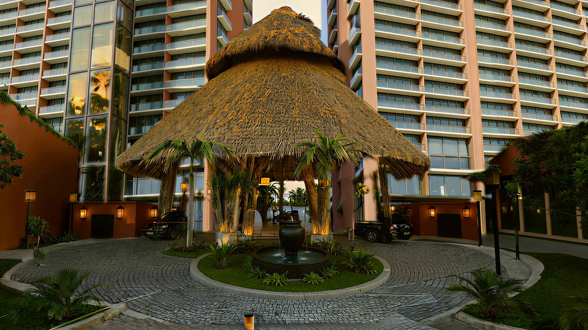 La palapa del lobby sobre troncos inclinados, con la rotonda empedrada y su fuente