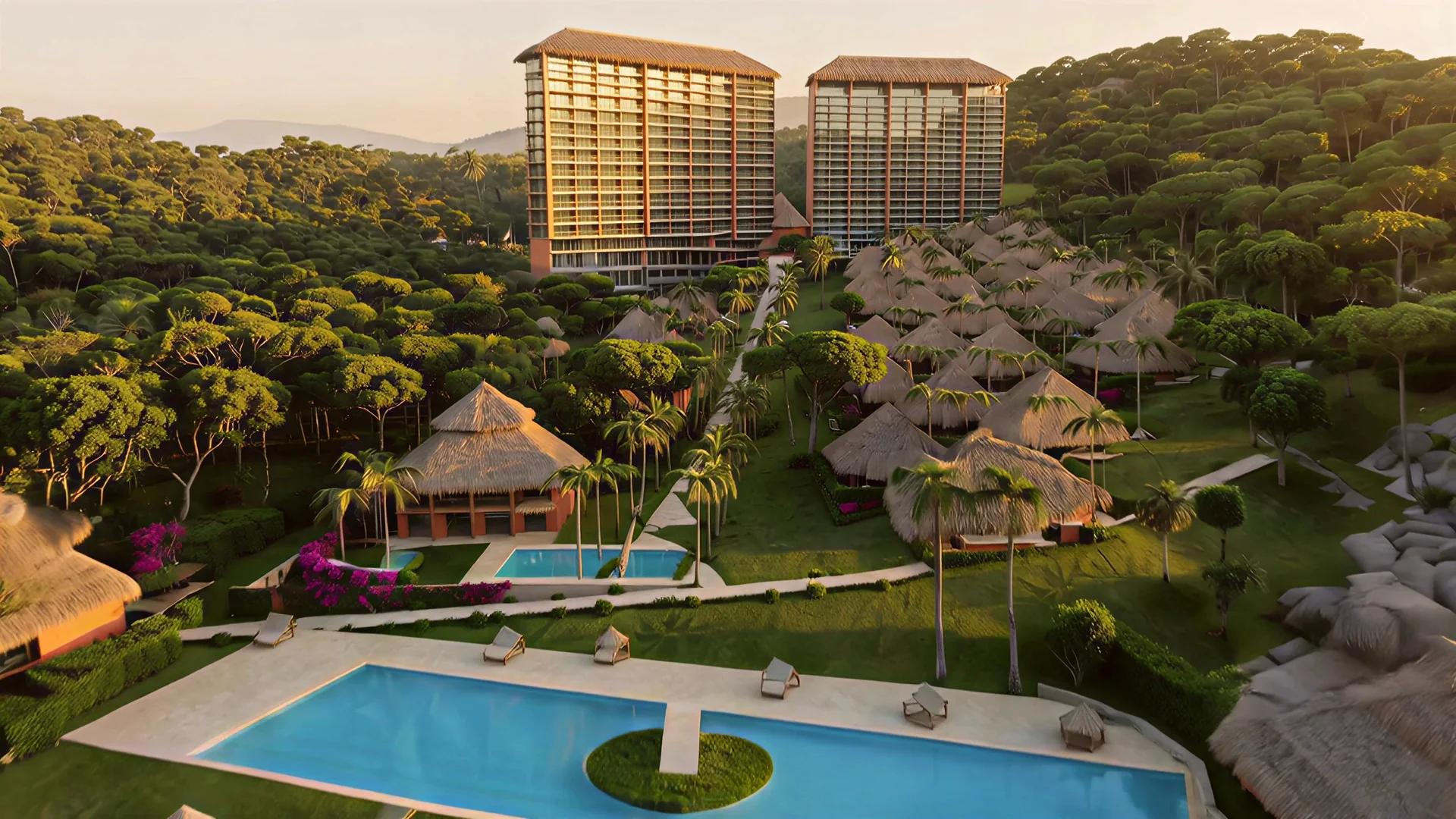 La piscina principal con su isla-escenario y, detrás, las villas bajo palapa y las dos torres