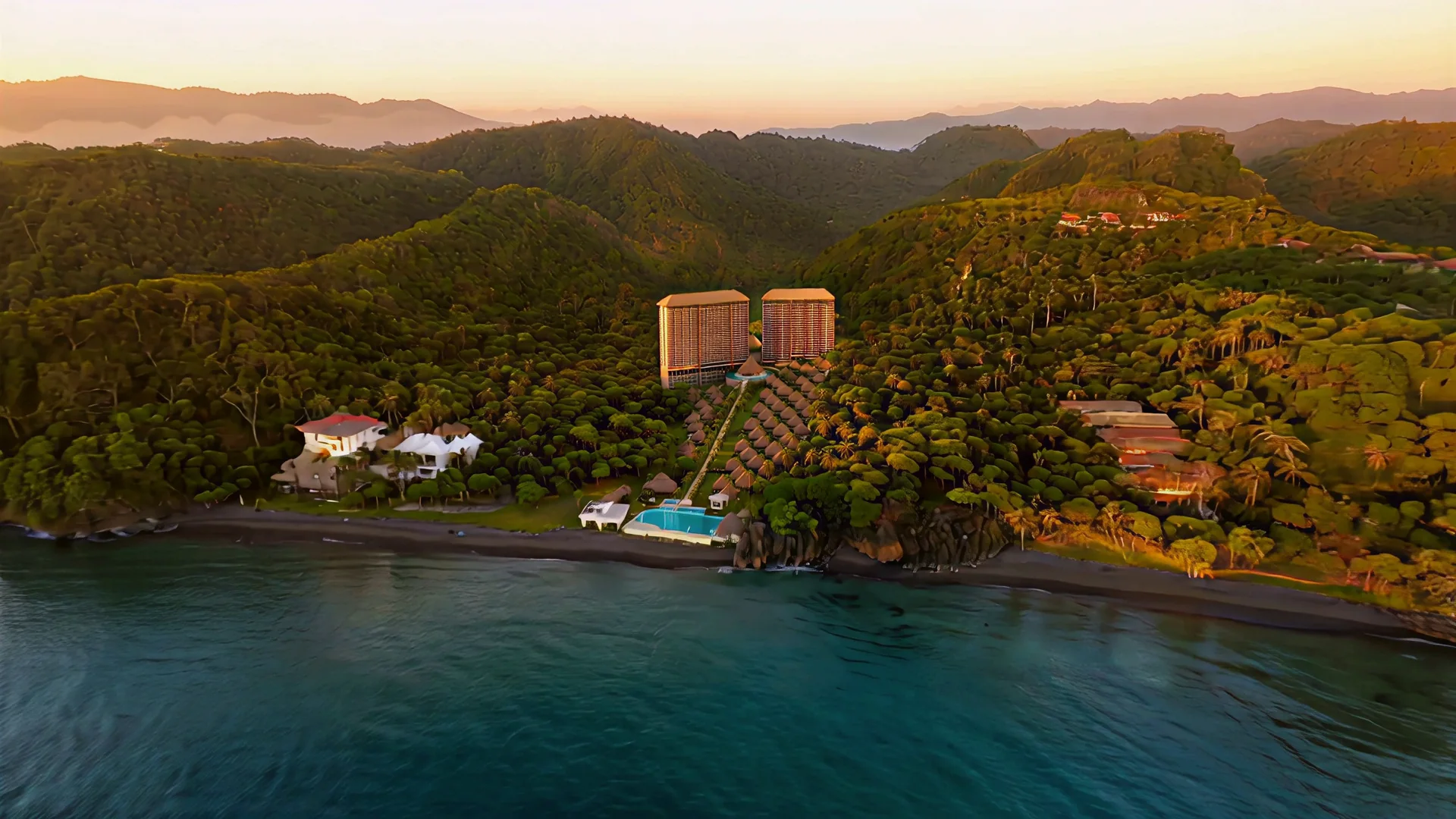 El valle de Quebrada Escondida visto desde el mar, con el resort al fondo entre la selva