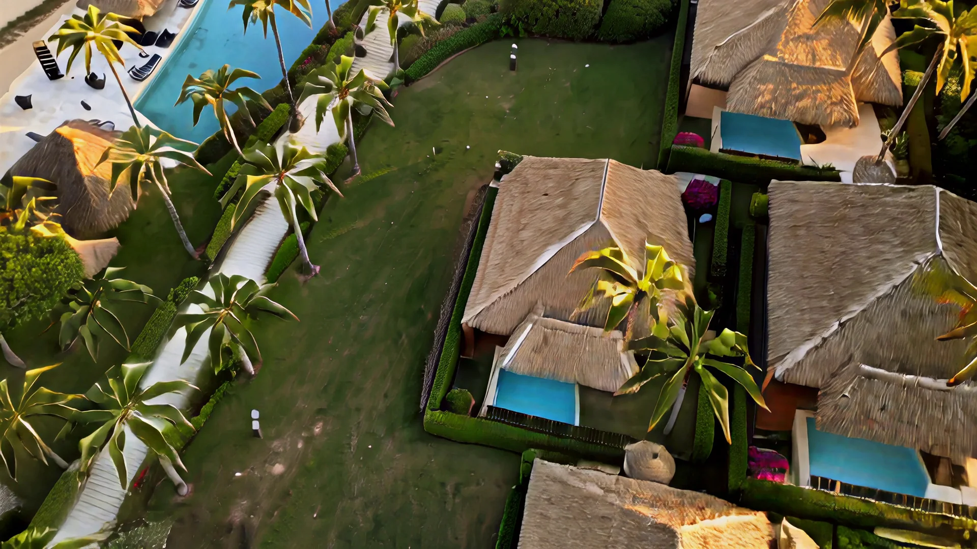 Villas bajo palapa, cada una con su piscina privada, entre setos, palmeras y buganvillas
