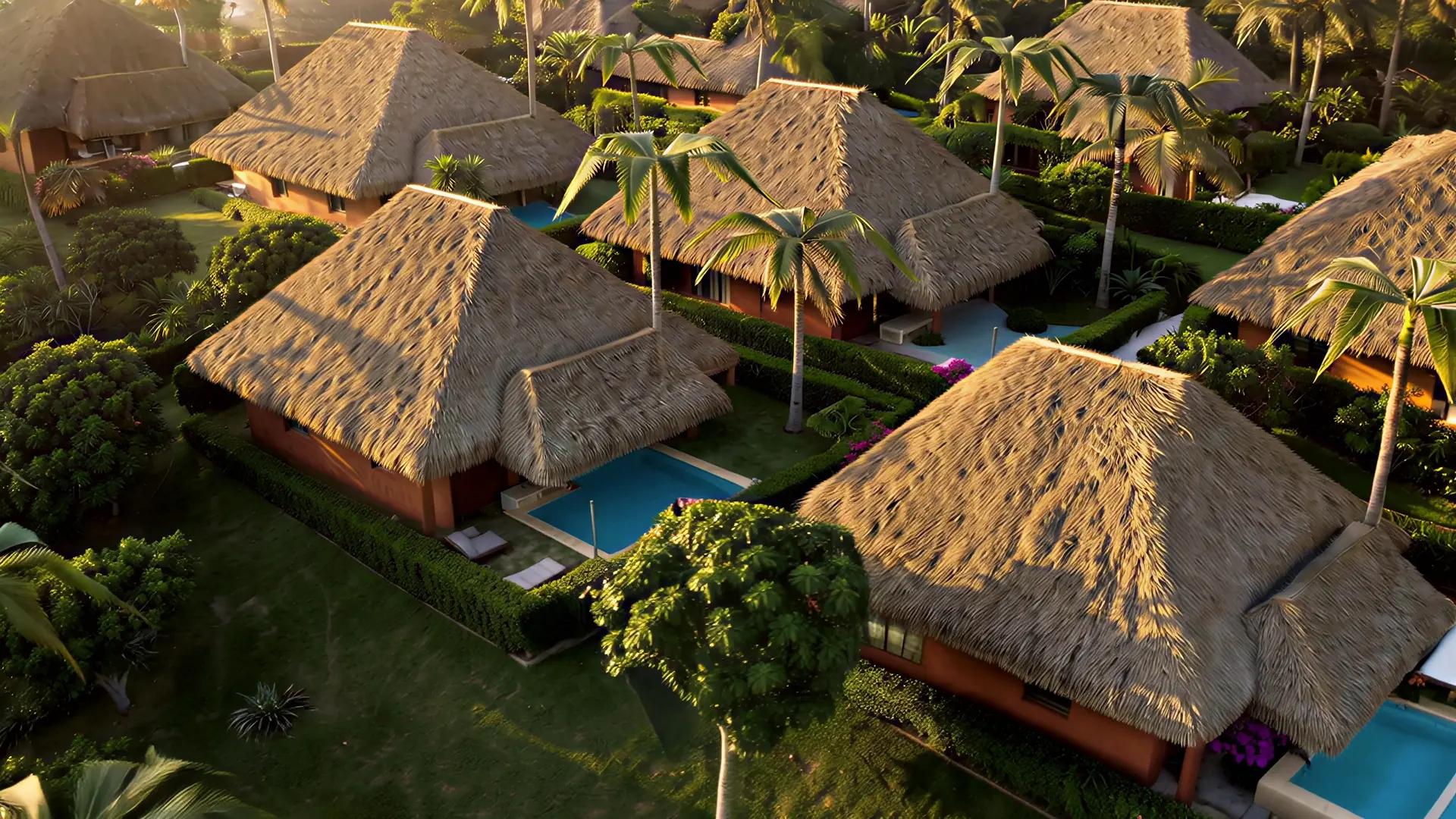 Las grandes palapas a dos niveles de las villas, entre la selva